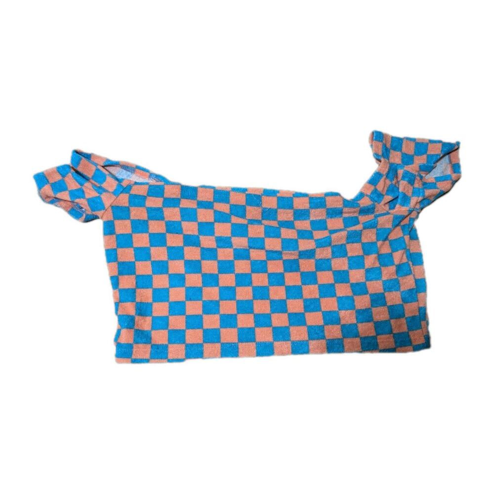 SO Off Shoulder Crop Top Women Size XL Halter Pink‎ Blue Check Stretch Terry